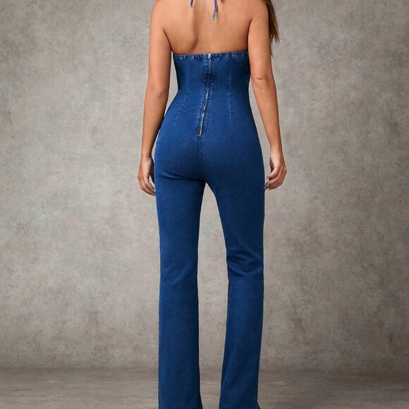 Blue Casual Women's Backless Tie Denim Jumpsuit - Picture 2 of 6
